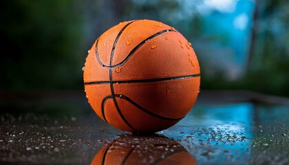 orange basketball covered in water droplets on wet court with reflection image