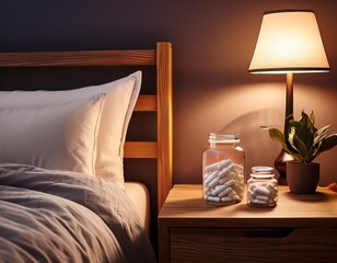 sleep support capsules on a nightstand in a cozy bedroom