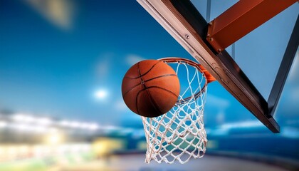 orange basketball in mid air near a net and hoop sport game