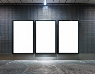 triple vertical digital poster mockup background in sleek modern interior blank white showcase screen on a wall inside an urban bu