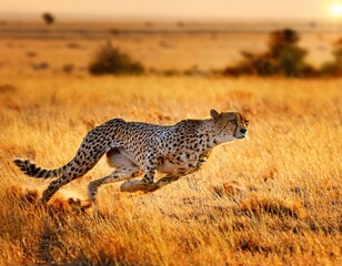 Naklejka premium cheetah racing through the golden savanna in pursuit of its next meal under the warm light of the african sun