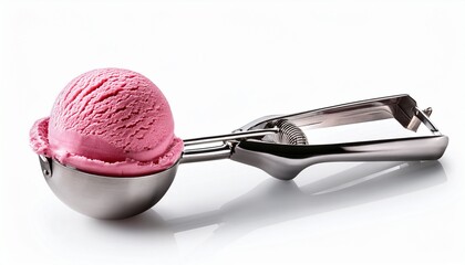 pink ice cream scoop on silver utensil isolated on white background