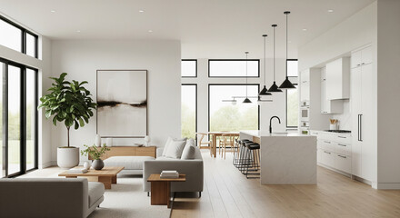A modern minimalist home interior design with clean lines, sleek furniture, and neutral color palette, featuring an open-concept living space connected to a spacious kitchen, bathed in natural light	

