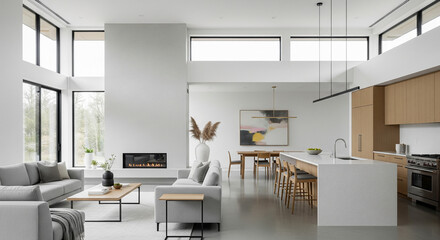 A modern minimalist home interior design with clean lines, sleek furniture, and neutral color palette, featuring an open-concept living space connected to a spacious kitchen, bathed in natural light	
