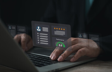 Digital dashboard showing employee performance review with five-star rating and progress score, symbolizing HR evaluation, productivity analysis, and workplace performance management system.