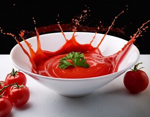 tomato sauce splashes dramatically from a white bowl garnished with parsley and flanked by fresh cherry tomatoes