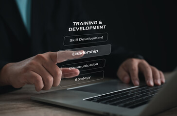 Training and development digital interface with skill options like leadership, communication, and strategy, representing corporate learning, career growth, and employee training systems.