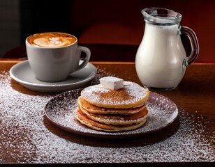 ofenpfannkuchen mit puderzucker und cappuccino auf gedecktem tisch