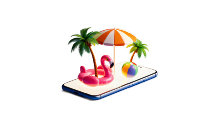 Summer vacation on smartphone with palm trees, beach ball, and inflatable ring, symbolizing travel and relaxation