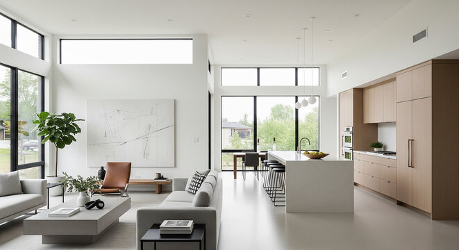 A modern minimalist home interior design with clean lines, sleek furniture, and neutral color palette, featuring an open-concept living space connected to a spacious kitchen, bathed in natural light	
