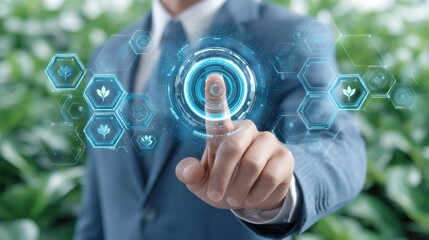 Business Professional Interacting with Digital Interface for Innovative Technologies and Sustainable Solutions in Modern Eco-friendly Environment