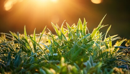 dew kissed green plant illuminated by golden sunlight in nature