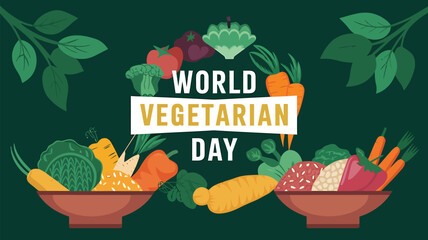 Vector art of world vegetarian day celebration with fresh vegetables and fruits in bowls, promoting healthy eating and plantbased lifestyle