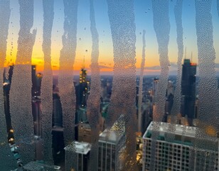 raindrops on window overlooking city skyline for weather and tranquility themes