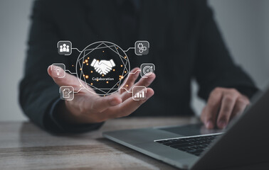 Digital collaboration concept with business handshake icon and technology interface. Partnership, teamwork, and innovation strategy for successful business growth in modern organizations.