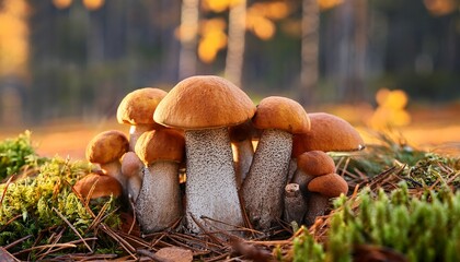 orange birch bolete mushroom cluster in autumn