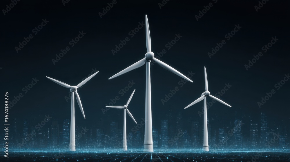 Poster modern wind turbines against a dark background with futuristic elements and digital grid concept for