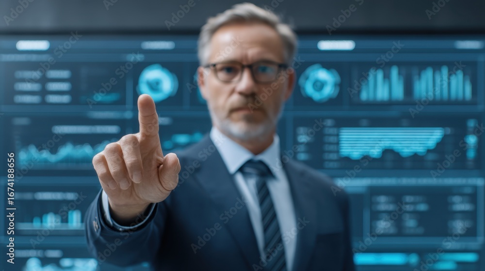 Poster Business professional interacting with digital interface displaying graphs and data analytics in a modern corporate environment