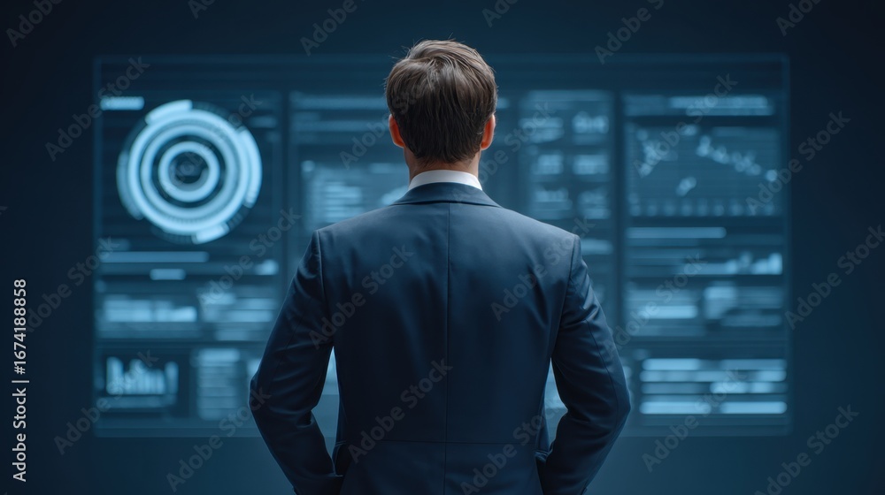 Poster businessman analyzing data charts and graphs in modern office environment with advanced technology d