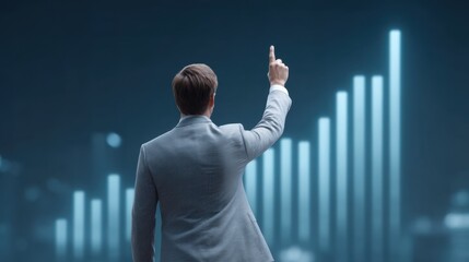 Businessman in a Suit Pointing at an Ascending Graph with Blue Background, Financial Growth Concept, Professional Success, Motivation and Achievement in Finance