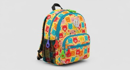 Vibrant Yellow Backpack with Playful Cartoon Bear Pattern and Colorful Zippers