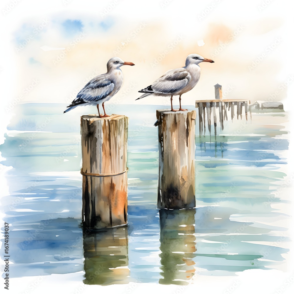 Poster two seagulls are perched on weathered wooden posts extending from a calm sea, a small structure is v