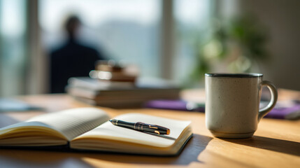 Open notebook on desk with coffee cup in soft daylight