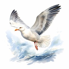 Obraz premium The illustration shows a seagull with white and gray wings soaring above blue water, depicted in a watercolor style.