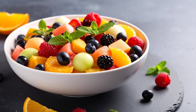 Colorful Fruit Salad in a Bowl_ A vibrant fruit salad with a mix of melons, berries