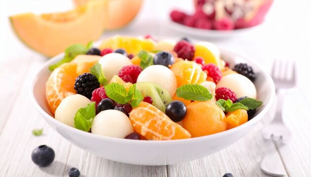 Colorful Fruit Salad in a Bowl_ A vibrant fruit salad with a mix of melons, berries