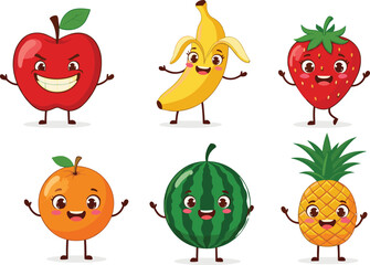 Cartoon Fruit Characters with Happy Faces and Raised Arms – Fun Vector Set for Kids, Education, Food, and Healthy Lifestyle