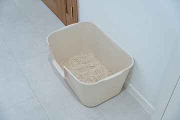 Beige cat litter box filled with litter stands against a white wall. Brown door in the background.