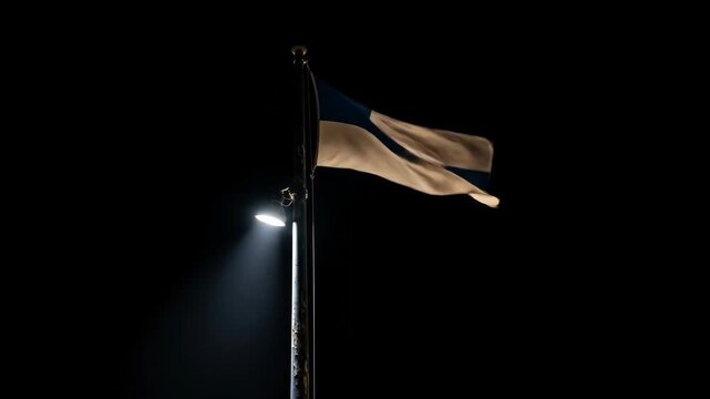 Flag waves illuminated by nearby lamppost set against a dark night sky