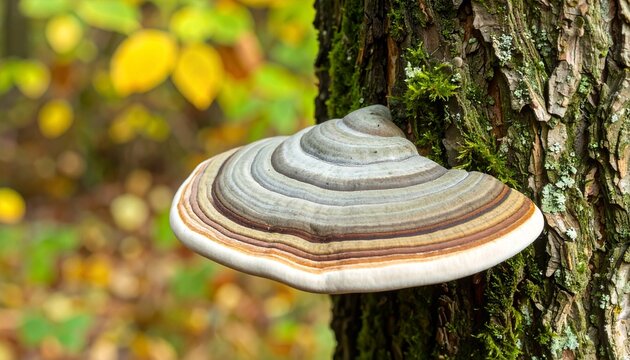 Fomes fomentarius. A tough, woody shelf fungus growing on the side of a tree