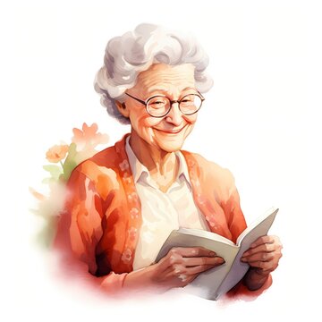 The illustration shows a happy senior woman with glasses, gray hair, and an orange cardigan, gently holding a book in her hands.