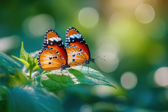 butterflies mating on a green leaf during morning sunlight