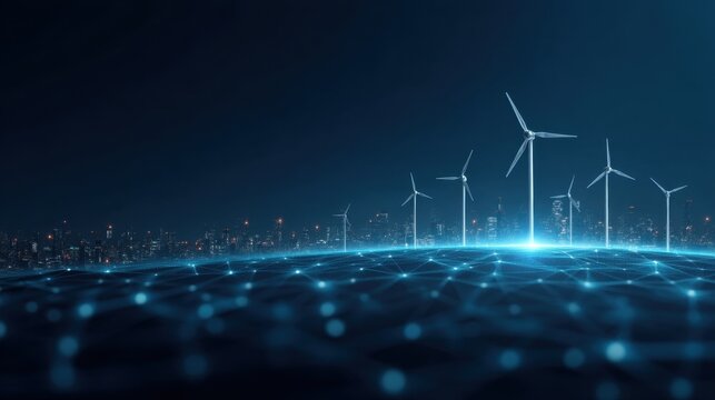 Futuristic Wind Turbines with Digital Technology Overlay in Urban Landscape at Nighttime for Renewable Energy Concept
