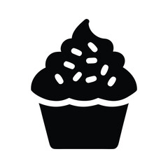 Black and white icon of a cupcake with sprinkles