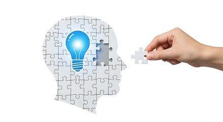 Human head silhouette filled with intricate circuitry and a glowing blue light bulb with a hand holding a puzzle piece about to complete the concept of innovation and intelligence