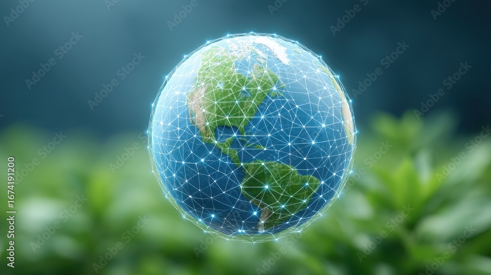 Poster beautiful 3d rendering of a global network around earth surrounded by lush greenery representing sus