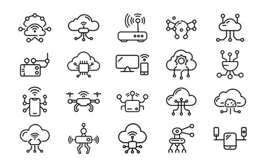 Collection of cloud computing and network technology icons representing digital connectivity and data exchange