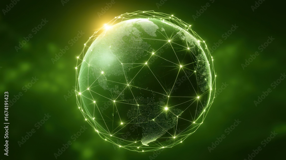 Poster globe connected with bright lines and a green background representing technology, data, and global n