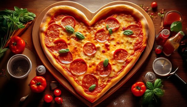 heart shaped pizza in the kitchen on the table real photo appetizing generative ai