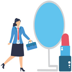 Businesswoman with briefcase preparing for work, checking her appearance in the mirror isolated on  adobe illustration