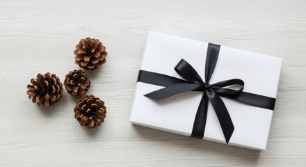 Fototapeta premium White Gift Box with Black Ribbon and Pinecones on Light Wooden Surface
