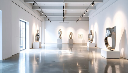 Modern Art Gallery Featuring Abstract Metal Sculptures