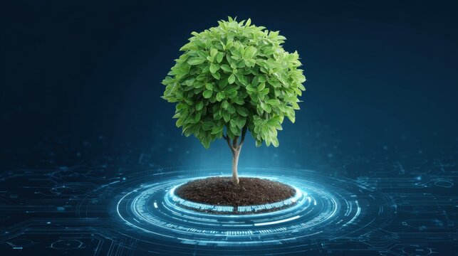 Futuristic Green Tree with Digital Technology Elements, Symbolizing Sustainability and Innovation in Environment and Nature Conservation Themes