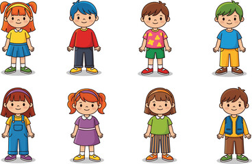 Cartoon children diverse outfits set isolated white background, smiling boys and girls characters, colorful clothing styles for educational vector illustrations