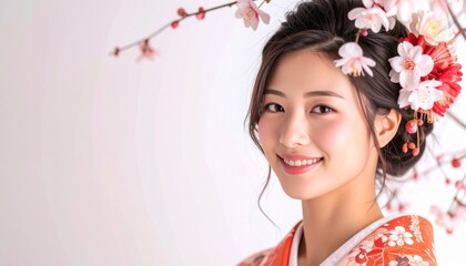 Fototapeta premium 晴れ着姿の若くて美しい日本人女性のポートレート