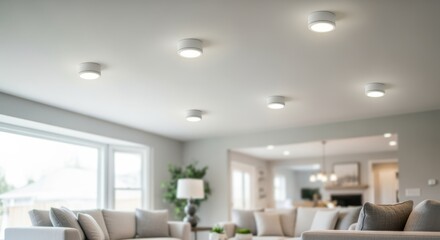 Residential living room ceiling with newly installed LED retrofit can lights casting even natural white light across the space.